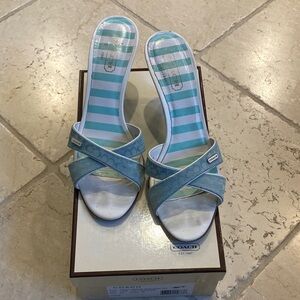 Coach Women's Aqua and White Striped Sandals